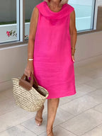 Linen Ruffle Collar Dress Open Collar at Back Party Dress