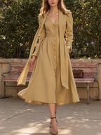 Midi Cotton Dress, Long Sleeves, V Neck, Plain, Button Design, French Vintage, Khaki