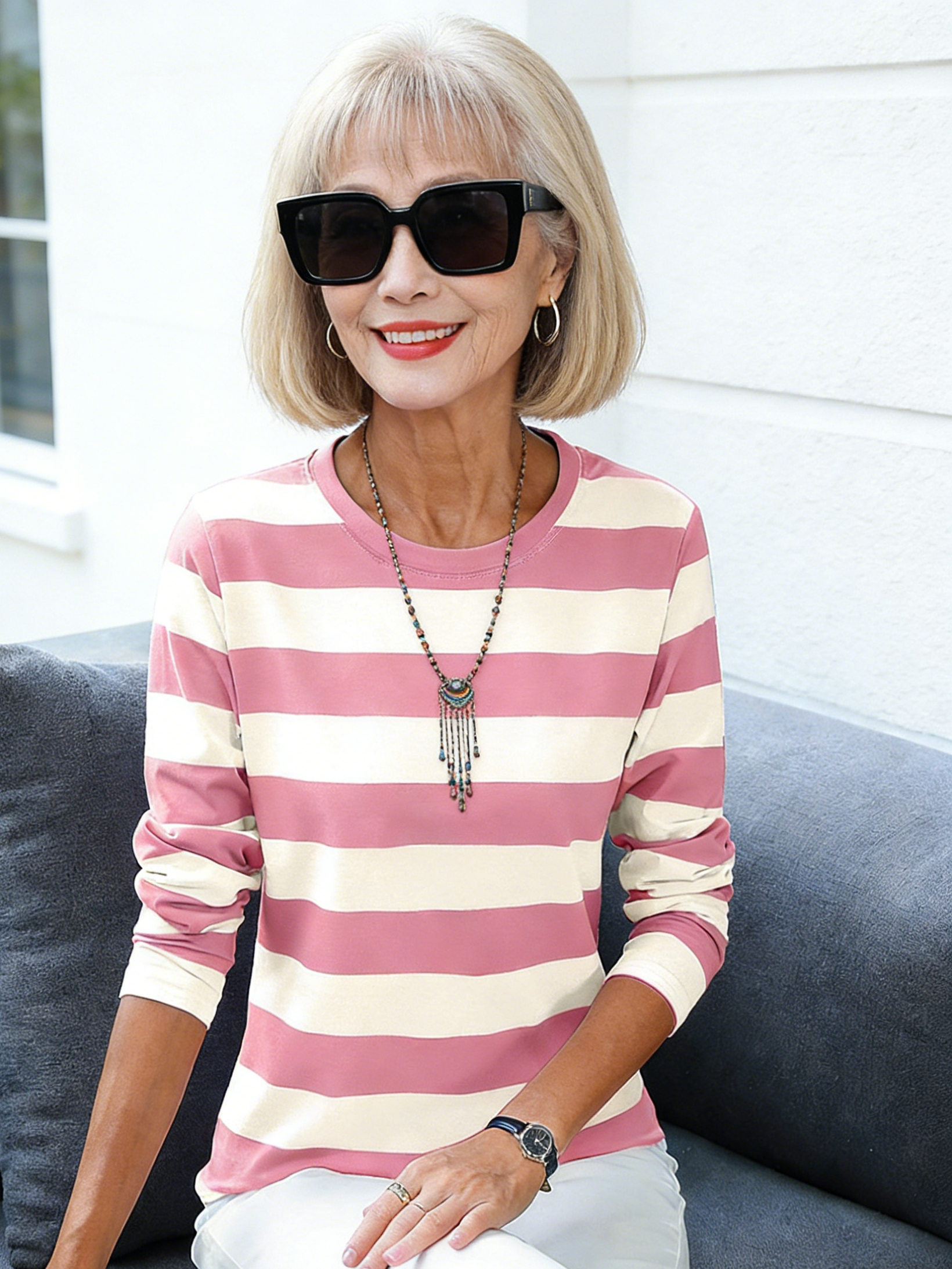 Loose Cotton Long-sleeved T-shirt Women's Autumn Clothes Outer Bottoming Shirt Striped