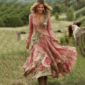 Women's Vintage Floral Art V Neck Linen Blend Comfy Maxi Dress