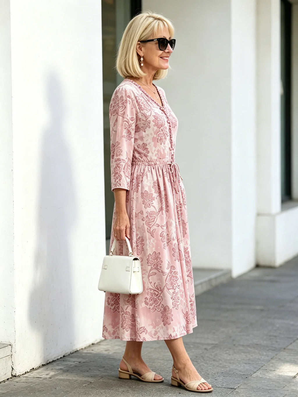 Navy Vintage Floral Maxi Dress, Ruffle Neck 3/4 Sleeve Elastic Waist Slimming Dress for Mature Women
