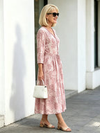Navy Vintage Floral Maxi Dress, Ruffle Neck 3/4 Sleeve Elastic Waist Slimming Dress for Mature Women