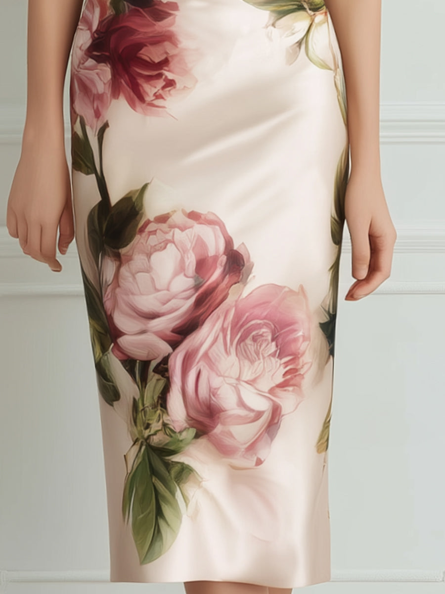 Deep V-Neck Draped Waist Floral Print Fitted Midi Dress