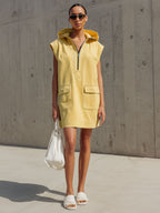 Casual Retro Sleeveless Yellow Denim Hooded Half-zip Mini Dress