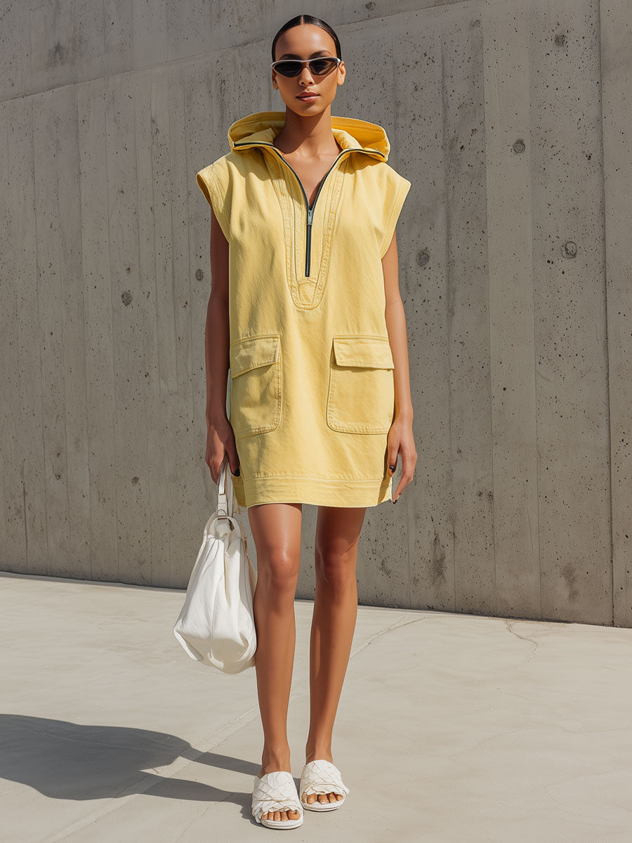 Casual Retro Sleeveless Yellow Denim Hooded Half-zip Mini Dress