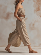 Strapless Linen Belted Wide-Leg Jumpsuit