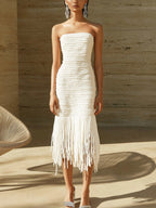 White Knit Strapless Dress with Fringe Hem