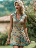 Vintage Elegant Plum Embroidery Women's Linen V Neck Vest Mini Dress