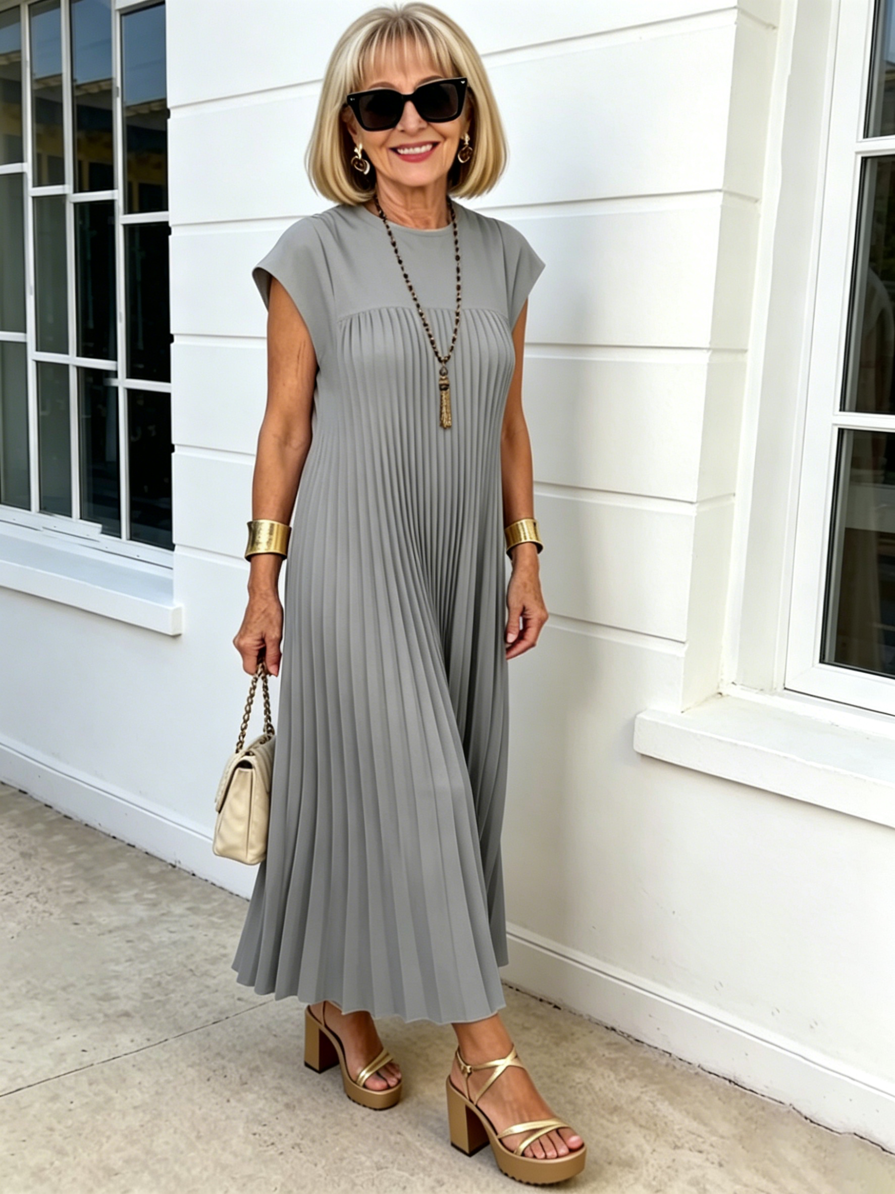 Elastic Dress Women's Elegant Fashion Crew Neck Sleeveless Pleated Long Dress