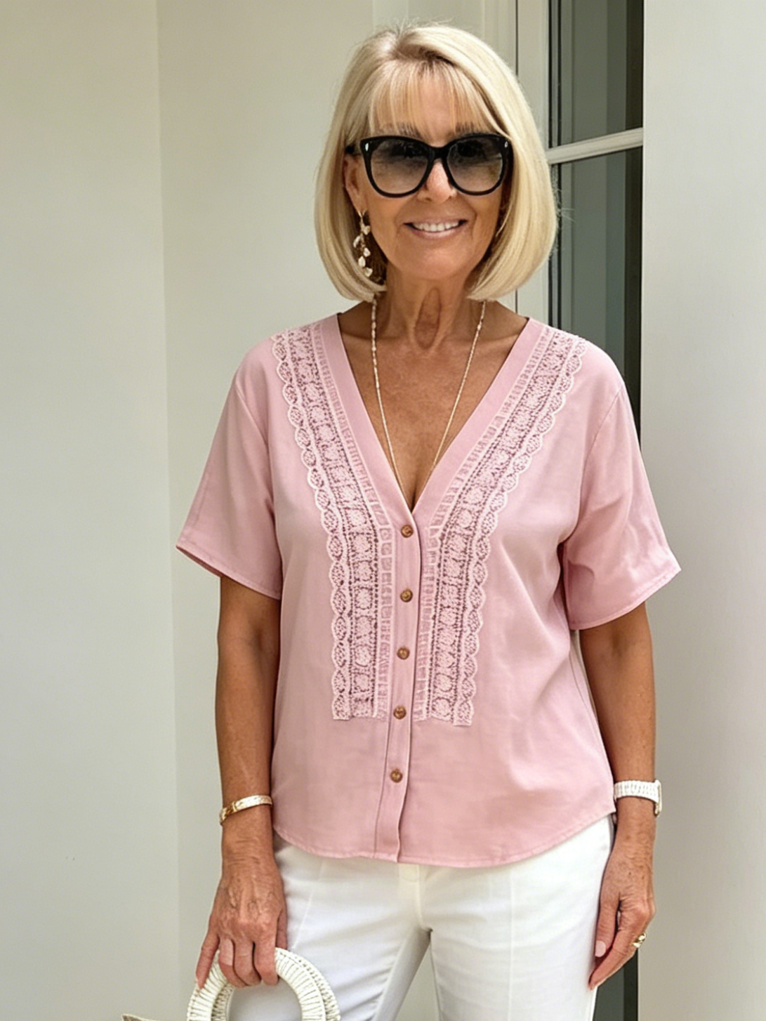 V-neck Short-sleeved Shirt Women's Loose Imitation Hemp Embroidered Button-up Top