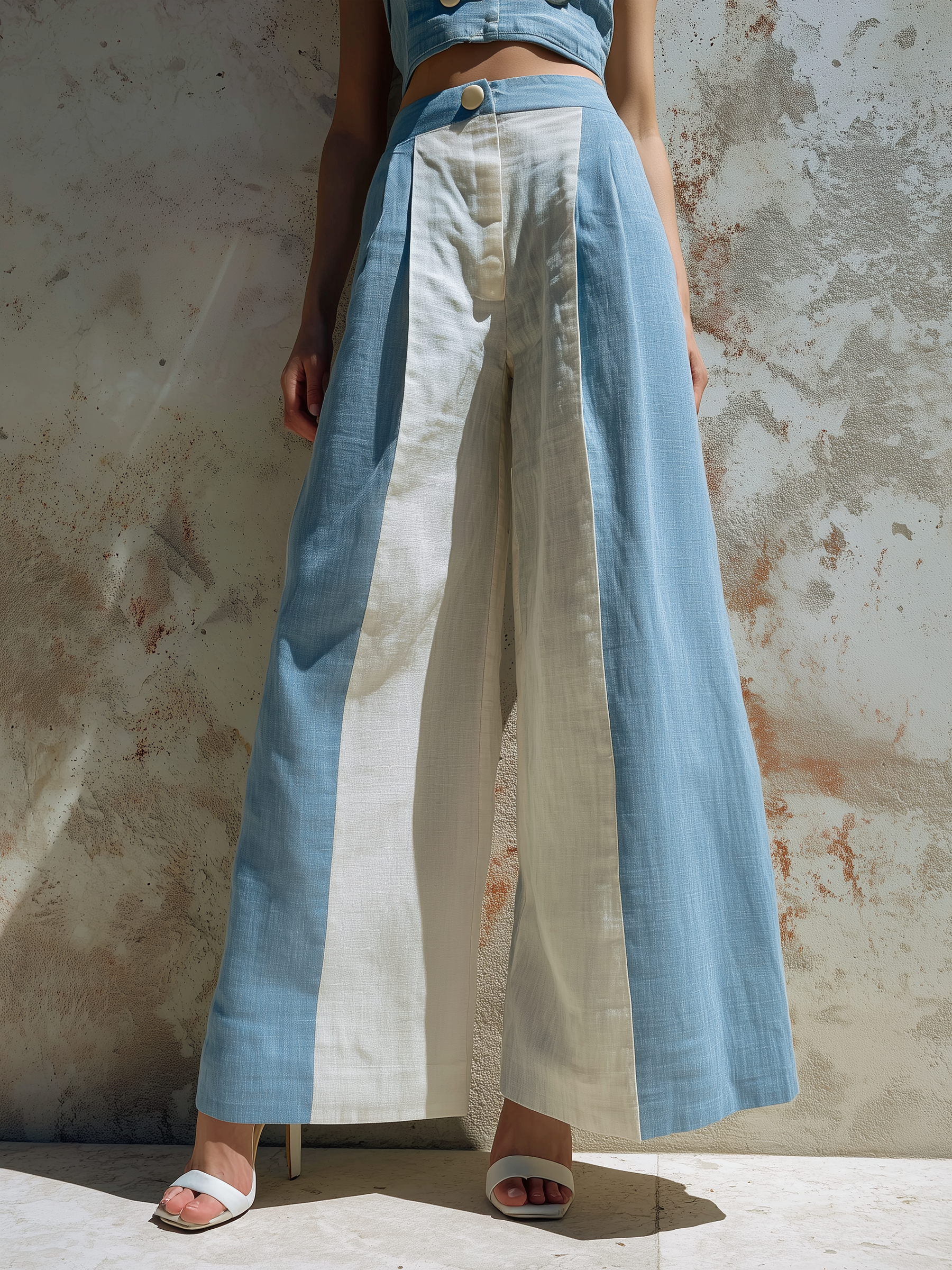 Blue & White Colorblock Linen Wide Leg Pants