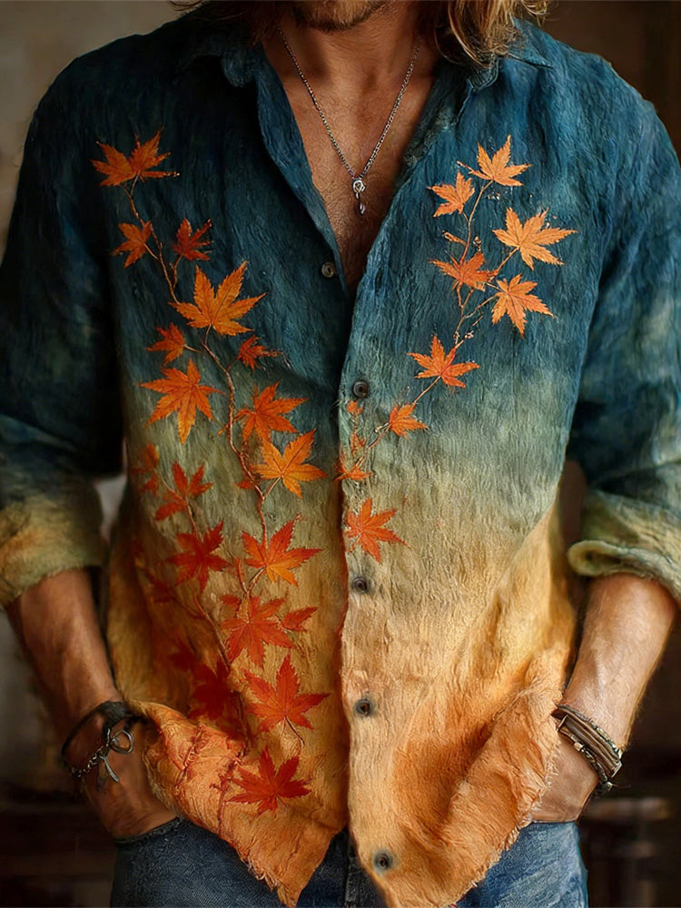 Japanese Maple Leaf Gradient Pattern Men's Linen Long Sleeve Shirt