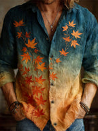 Japanese Maple Leaf Gradient Pattern Men's Linen Long Sleeve Shirt