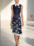 Navy Blue Satin Dress with Butterfly Print and White Lace Trim
