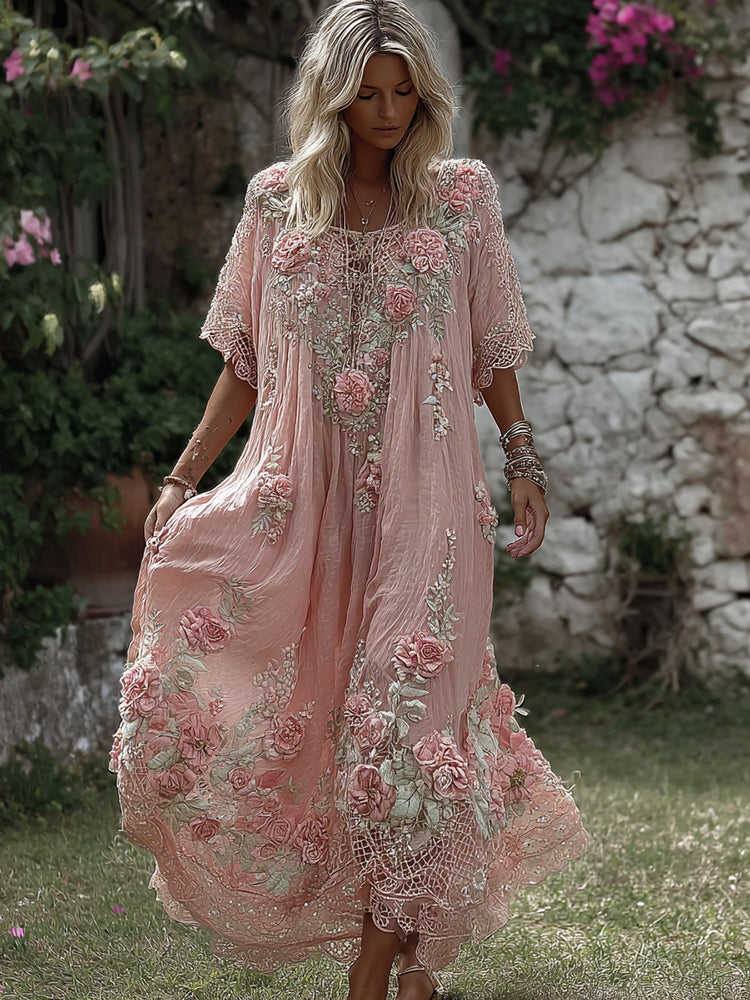Women's Vintage Boho Floral Art Flowy Linen Blend Casual Short Sleeve Maxi Dress