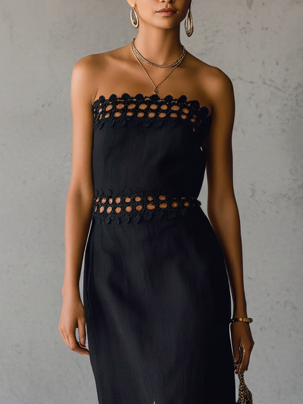 Black Off Shoulder Cotton Linen Midi Dress With Hollow Lace Trim