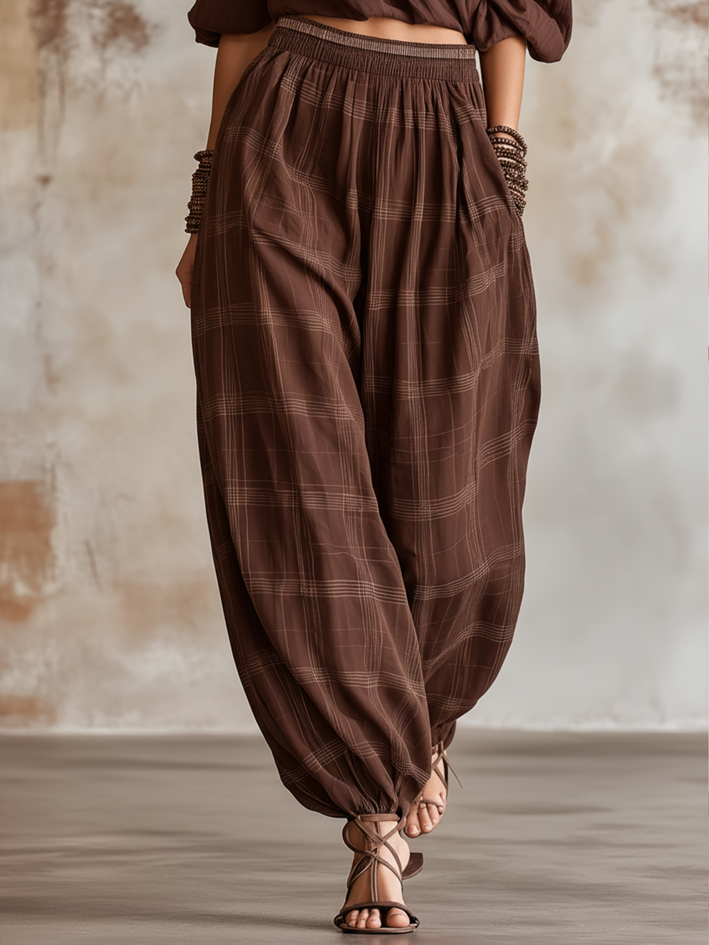 Chocolate Brown Plaid Cold-Shoulder Top & Harem Pants Loungewear Set