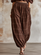 Chocolate Brown Plaid Cold-Shoulder Top & Harem Pants Loungewear Set