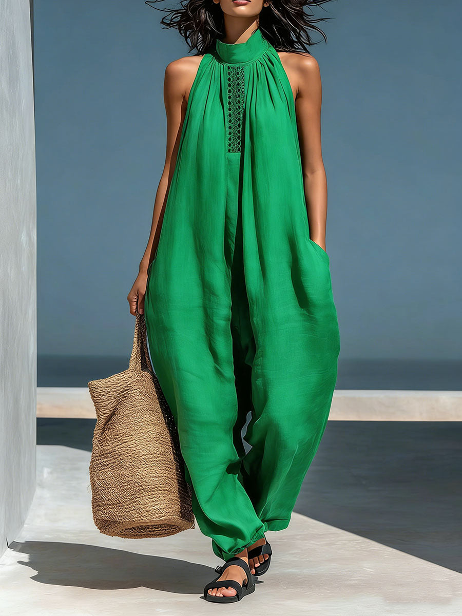 Women's Stand-up Collar Sleeveless Casual Loose Cotton And Linen Wide-leg Jumpsuit