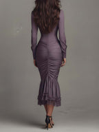 Dusty Mauve Lace-Trim Ruched Midi Dress