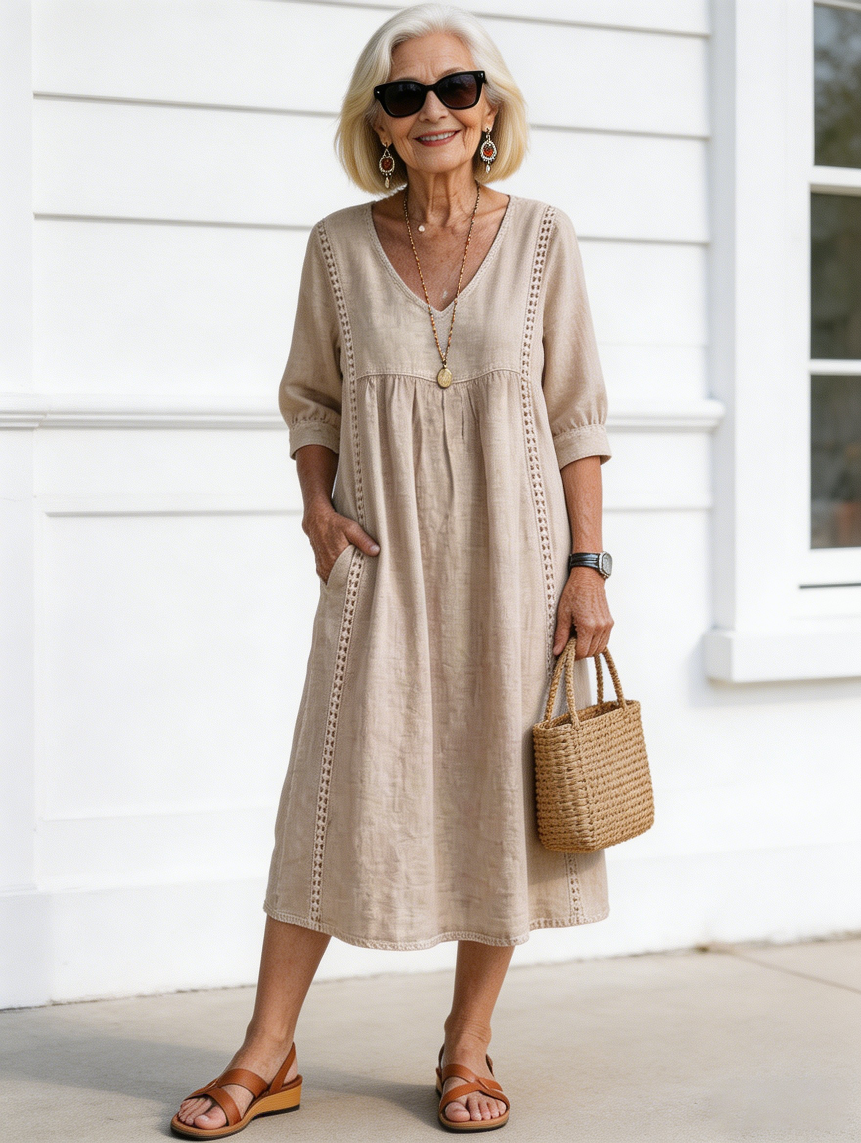 Casual Loose V-neck Splicing Lace Edge Linen Cotton Dress