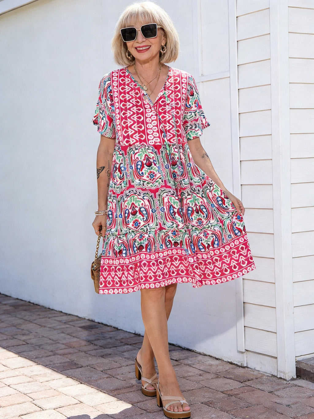Vibrant Floral Bohemian Mini Dress -  New Arrival, V-Neck, Loose Fit, Casual Style, Floral Print, Mini Length, Perfect for Summer and Outdoor Activities