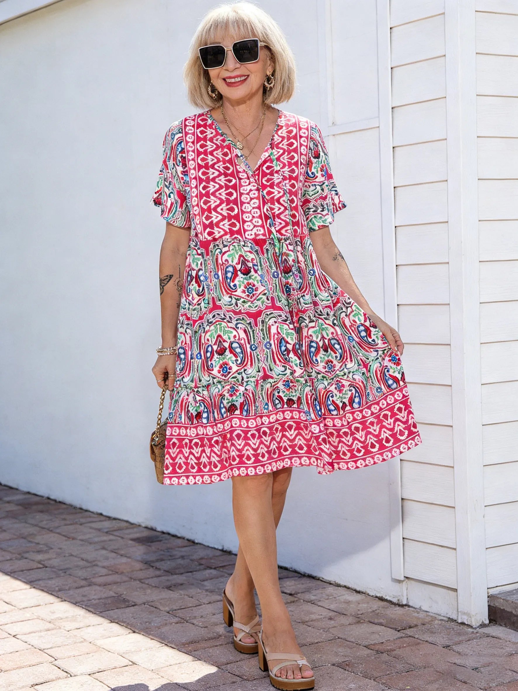 Vibrant Floral Bohemian Mini Dress -  New Arrival, V-Neck, Loose Fit, Casual Style, Floral Print, Mini Length, Perfect for Summer and Outdoor Activities