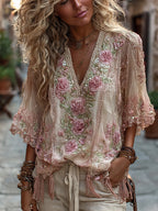 Women's Vintage Rose Embroidery Art Comfy Linen Shirts