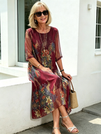 Black Floral Chiffon Midi Dress, Loose Tummy Hiding 3/4 Sleeve Printed Dress for Mature Women