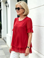 Pink Layered Chiffon Tunic Top, Round Neck Ruffle Short Sleeve Loose Tummy Concealing Blouse for Mature Women