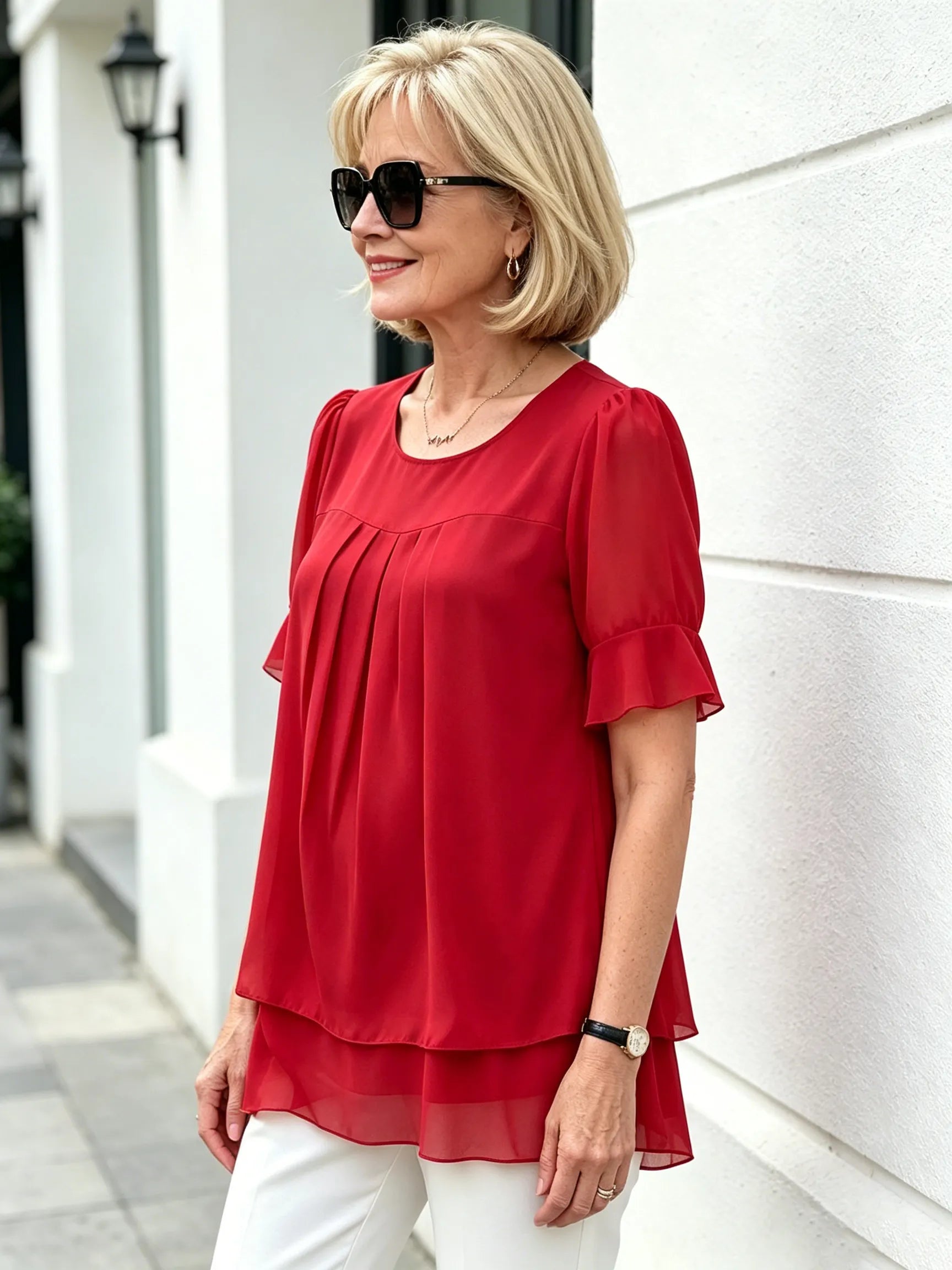 Pink Layered Chiffon Tunic Top, Round Neck Ruffle Short Sleeve Loose Tummy Concealing Blouse for Mature Women