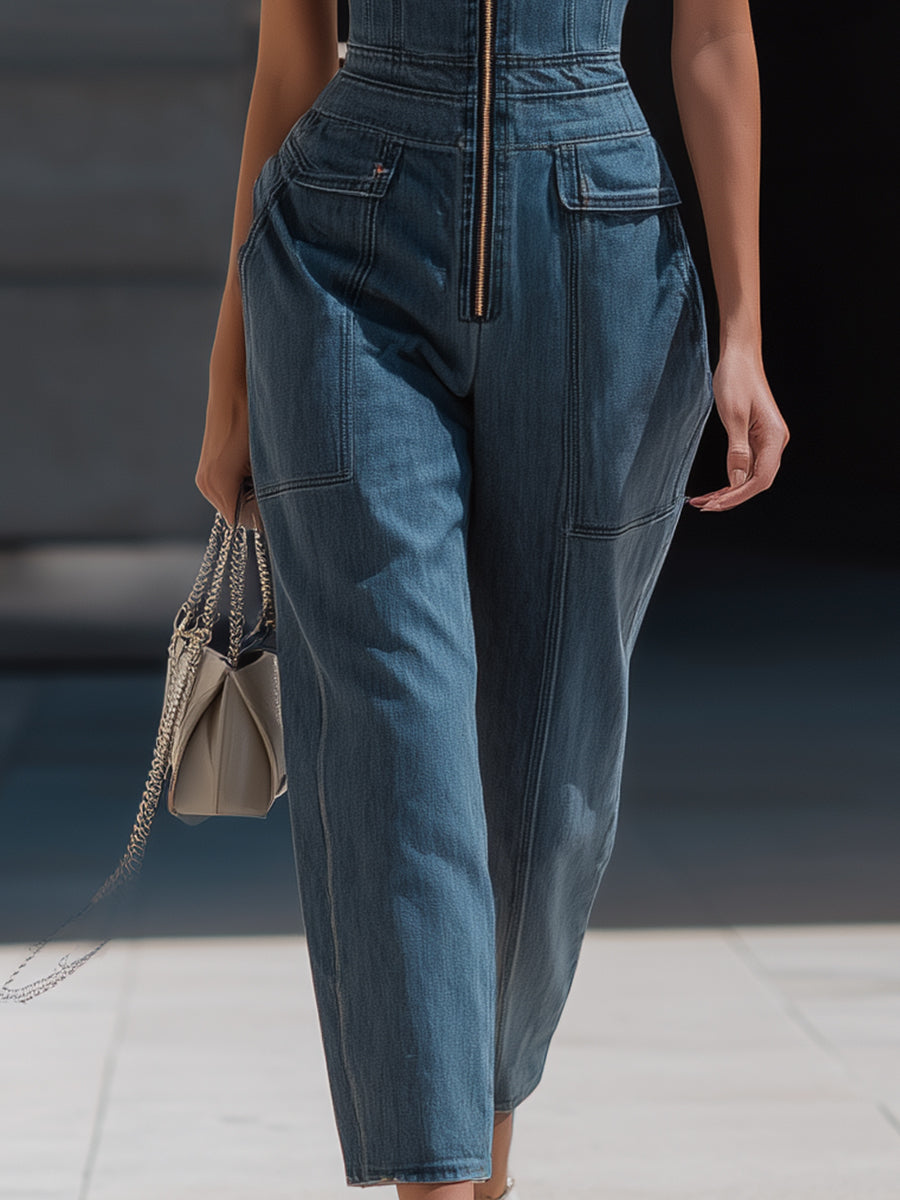 Denim Halter Neck Zip-Front Cropped-Leg Jumpsuit