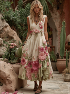 Women Vintage Floral Embroidery Art V Neck Linen Maxi Dress