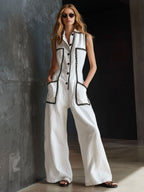 Casual Retro Lace-trimmed White Cotton And Linen Sleeveless Wide-leg Jumpsuit