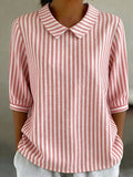 Retro Peter Pan Collar Striped Cotton-linen Shirt