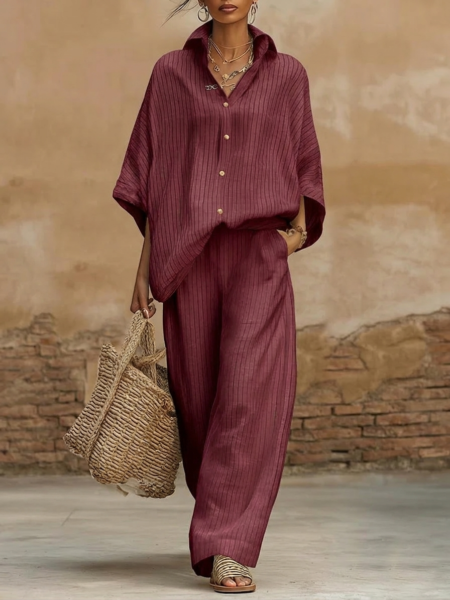 Elegant Classic Striped Shirt And Wide-leg Pants Two-piece Set