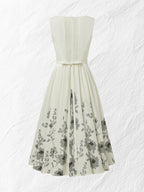 Midi Linen Dress , Sleeveless, Round Neck, Floral, Vacation, Vintage, White