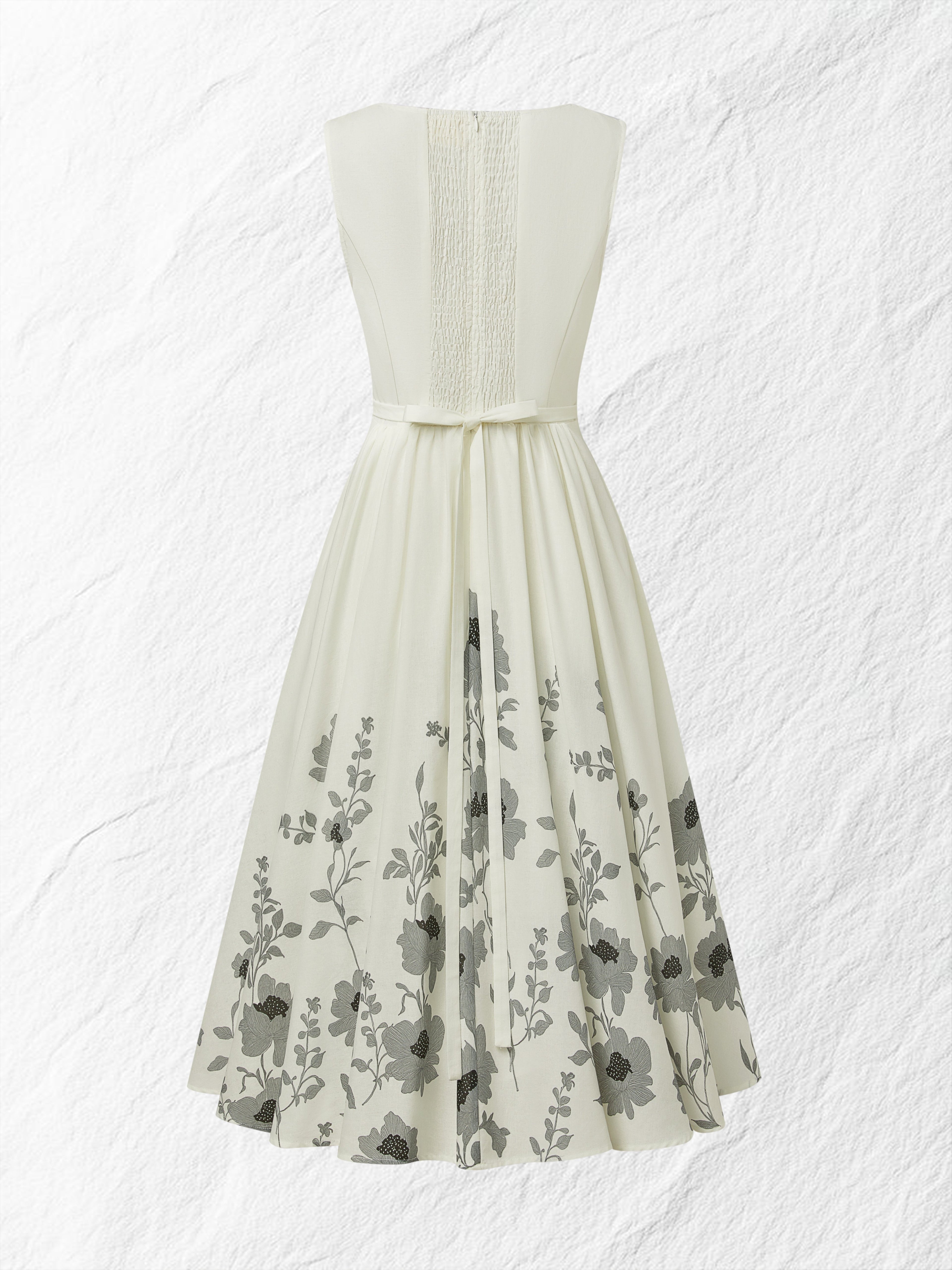 Midi Linen Dress , Sleeveless, Round Neck, Floral, Vacation, Vintage, White