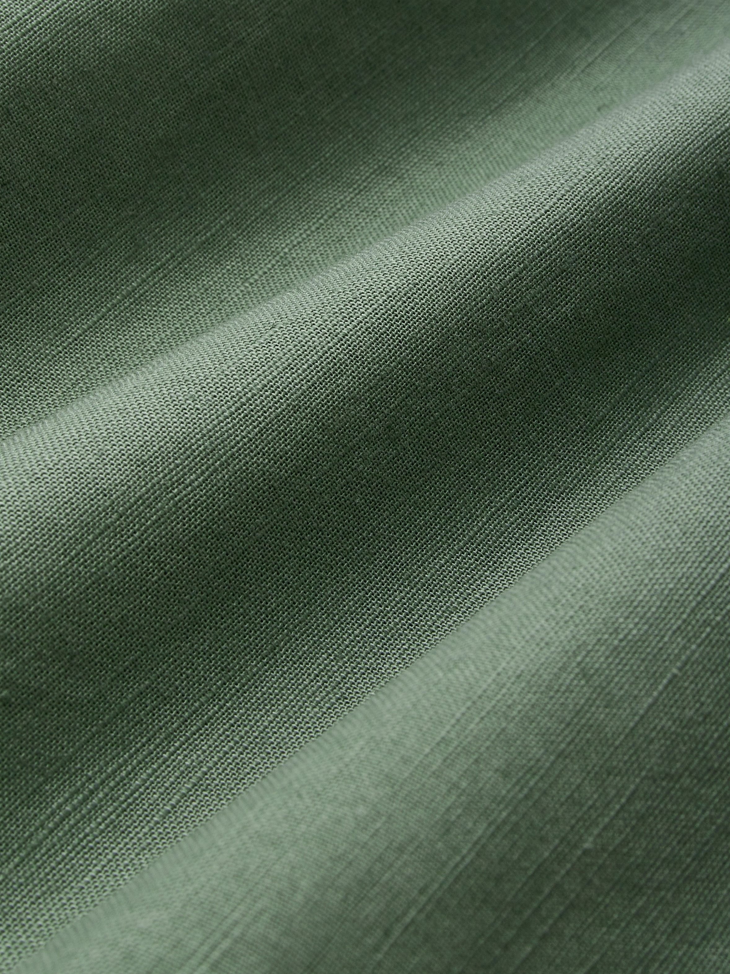 Midi Cotton Dress, Casual, Plain, Pocket Stitching, Half Open Collar, Half Sleeve, Vintage, Green