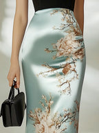 Modern Halter Neck Satin Midi Dress with Elegant Floral Print