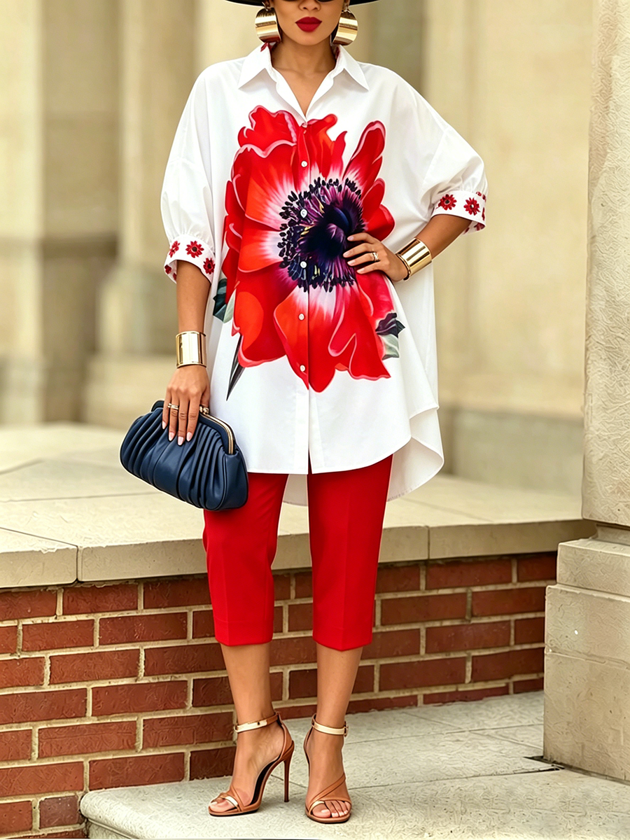 Artistic Stylish Scarlet Bloom Shirt And Pants Two-piece Set