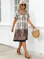 BOHO Floral Print Short-sleeved Pullover Round Neck Casual Medium-length Dress