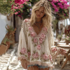 Bohemian Style Pink Rose Vintage V-neck Long Sleeve Shirt