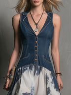 Fashionable Retro Collared Sleeveless Button-print Midi Dress