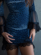 Midnight Blue Velvet Leopard Print Cocktail Dress