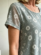 Grey & Orange Floral Mesh Layered Midi Dress, Round Neck 3/4 Sleeve Loose Tummy Concealing Plus Size Dress for Mature Women