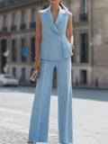 Sleeveless Double-Breasted Blazer Vest & High-Waisted Wide-Leg Pants Two-Piece Suit