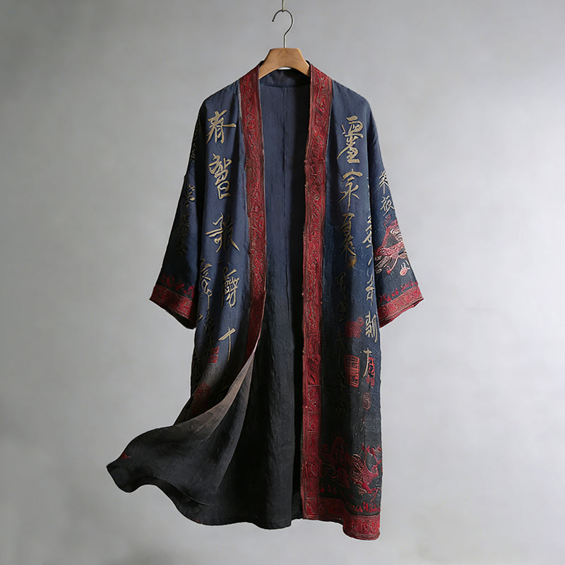 Men's Retro Calligraphy And Painting Art Linen Long Kimono