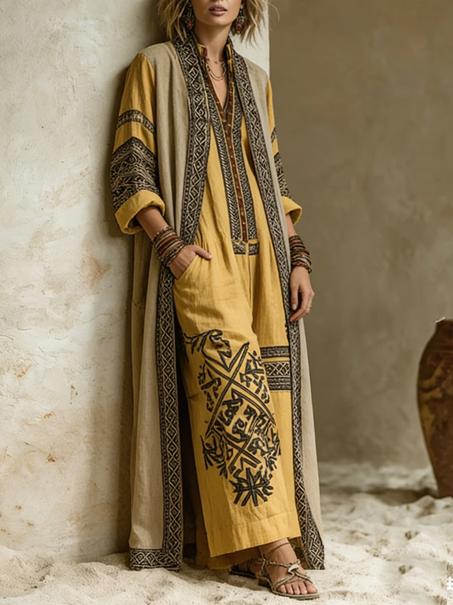 Bohemian Print Jumpsuit And Cardigan Two-piece Set