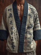 Men's Japanese Bamboo Calligraphy Art Retro Linen Kimono